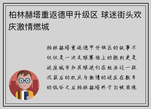 柏林赫塔重返德甲升级区 球迷街头欢庆激情燃城